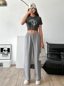 RueChic Women Mid Waist Wide Leg Sweatpant - Grey - View 5