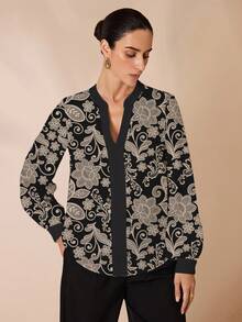Glamance Ayrana Barboza 女士优雅通勤复古长袖 V 领衬衫，办公室服装，黑色花卉衬衫印花衬衫女式衬衫 - 彩色 - 查看 3