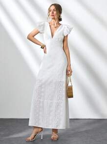 CLARA VERO Women Solid Color Embroidery Detailed Maxi Dress - White - View 5