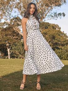 SHEIN Unity Elegant Romantic Polka Dot Sleeveless Stand Collar Bowknot Decor Hollow Waist Midi Dress, Off The Shoulder - White - View 6
