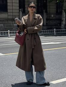 DAZY Women's Solid Color Drop Shoulder Long Sleeve Double-Breasted Casual Overcoat - Dark Grey - View 10