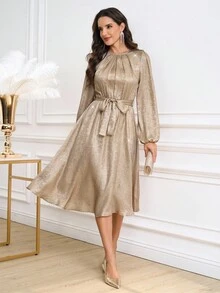 Ellevyn 女士圆领灯笼袖长袖金属涂层面料金色束腰 A 字优雅日常、派对、聚会中长连衣裙，秋冬 - 金色 - 查看 2