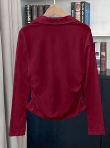 SHEIN Casual Versatile Knight Print Turndown Collar Slim Fit Long Sleeve T-Shirt Fall Cloth For Women - Burgundy - View 2
