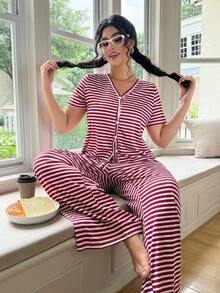 SHEIN 女士大码撞色条纹前开短袖休闲家居服套装 - 酒紅色 - 查看 5