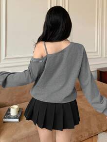 Modelyn Áo nỉ ngắn tay dáng rộng, thắt nơ chéo vai phong cách Hàn Quốc thu/đông - Màu xám đen - Xem 3