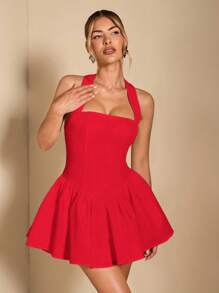 SHEIN BAE 纯色方领露背方领褶皱迷你连衣裙露背连衣裙粉色女士泡泡无袖连衣裙宫廷风格节日连衣裙夏季背部大蝴蝶结装饰，优雅，女士海滩装/海滩，女士婚礼宾客礼服/新娘送礼会礼服白色，毕业礼服/毕业装，女士早午餐装，女士音乐会装/狂欢装节日/乡村音乐会装/伊比沙岛装/纳什维尔装，度假，度假，端庄，热带度假女装，辣妹，夏季/夏季服装/夏季服装，女士春季服装，约会夜礼服，伴娘迷你连衣裙，优雅小黑裙，春夏露背 - 紅色 - 查看 3