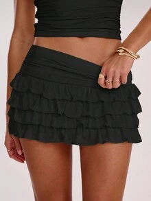 SHEIN BAE Women's Solid Color Minimalist Pleated Skirt, Everyday Wear,Black Skirt