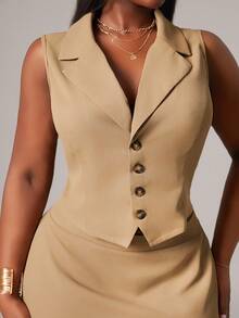 SHEIN SXY 大码女装秋冬性感优雅卡其色无袖背心套装搭配鱼尾裙，适合性感迷人的职场女性、舞会、情人节、邮轮旅行、通勤、商务场合、复古风、派对、度假、外出、老钱风、层次感丰富的穿搭、约会之夜、聚会、极简主义、生日、正式活动、辣妹风、伊比沙岛风、纳什维尔风、休闲风、端庄风、时尚风、休闲风、购物、街头风、外出等各种场合，凸显身材，修饰身形。 - 卡其色 - 查看 6