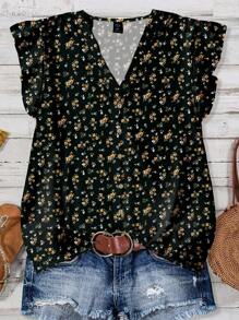 EMERY ROSE Blusa holgada con cuello en V, dobladillo con volantes y estampado floral negro, adecuada para el verano, tallas grandes para mujeres