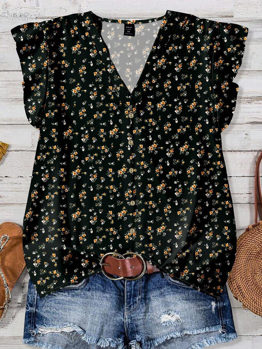 EMERY ROSE Blusa holgada con cuello en V, dobladillo con volantes y estampado floral negro, adecuada para el verano, tallas grandes para mujeres
