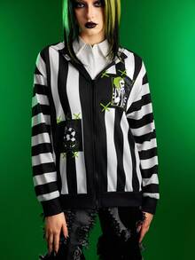 Beetlejuice X SHEIN 女士休闲时尚街头时尚深色卡通标语图案黑白条纹拉链连帽衫，春秋季 - 黑與白 - 查看 6