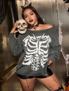 SHEIN EZwear Plus Size Women's Skull Jacquard Long Sleeve Pullover Sweater,Loose Fit Casual Goth Knitwear For Halloween,Autumn,Dark Grey Night Out,Daily Parties - Multicolor - View 1