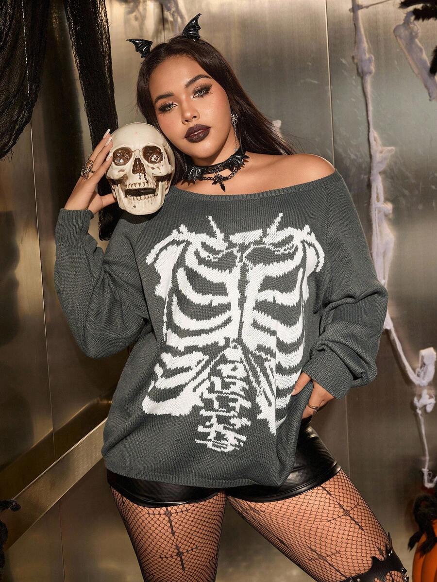 SHEIN EZwear Plus Size Women's Skull Jacquard Long Sleeve Pullover Sweater,Loose Fit Casual Goth Knitwear For Halloween,Autumn,Dark Grey Night Out,Daily Parties - Multicolor - View 1