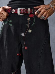 ROMWE MEN Street Life Quần jean ống đứng thêu hoa phong cách retro thường ngày cho nam, phong cách Grunge - màu đen - Xem 2