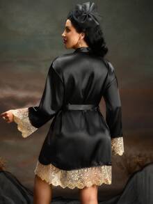 PinupPomp Áo choàng lưới thêu chắp vá bằng lụa giả gợi cảm dành cho nữ, mùa đông - màu đen - Xem 3