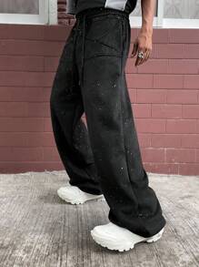 PAVTROS Manfinity Streetrush Men's Suede Fleece Straight-Leg Sweatpants,Glitter Accents Black Baggy Grunge Sweats Streetwear,Winter,Black And White,City Break - Black - View 3