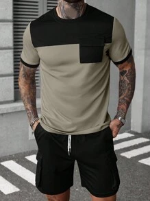 Manfinity Homme Men's Summer Casual Pocket Patchwork T-Shirt And Shorts Set