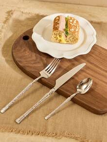 Cirelle Stainless Steel Bark-Patterned Cutlery Set, Western Steak Knife Fork Spoon Set, Cutlery, Home & Restaurant Dinner Set, Kitchen Accessories | Cutlery Set,Cutlery,Dinner Set,Kitchen Accessories,Spoon And Fork Set - Silver - View 4