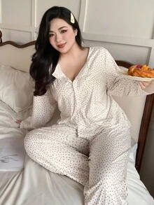 Dazy Plus 大码三件套碎花吊带背心+优雅长裤+纽扣门襟上衣睡衣套装，秋冬服装，舒适套装 - 白色 - 查看 4