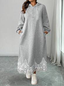 Elenzga Plus Size Women's French Style Casual Backprint Long Sweatshirt Dress Hooded Dress Sweater Dress Women Long Casual Dress Lace Trim Dress Long Sleeve Hooded Dress Winter Fall Autumn - Light Grey - View 4