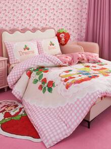 Strawberry Shortcake X SHEIN 3 PiecesStrawberry Print Bedding Set, Soft & Warm, Farmhouse Style, Fits Various Bed Sizes,Gift Ideas - Multicolor - View 8