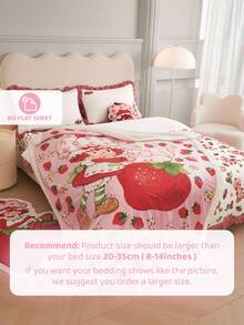 Strawberry Shortcake X SHEIN Juego de ropa de cama con volantes y estampado de fresa, apto para cama individual/doble/queen/king, dormitorio/hogar, ideas de regalo (3 piezas)