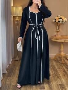 Auvina 女式优雅黑白深 V 领高低腰系带修身长袖超长连衣裙，加大码，春秋季 - 黑色 - 查看 5