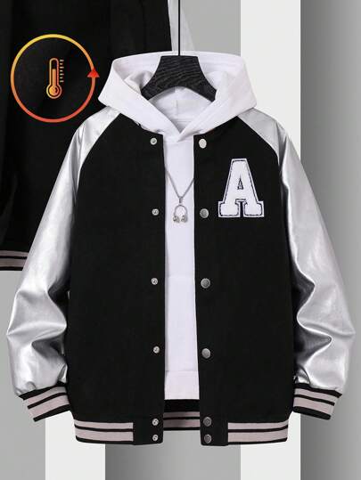 SHEIN Tween Boys' Casual Everyday Versatile Comfortable Double-Sided Wool Blend PU Sleeve Baseball Collar Open Front Loose Thick Woven Jacket Autumn Winter Clothes ForGirln