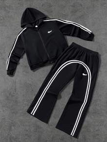 Teen Boys Casual Printed Zip-Up Hoodie & Straight Leg Sweatpants Set With Zipper Hem Design, Suitable For Street Wear Fall Winter - Black - View 1