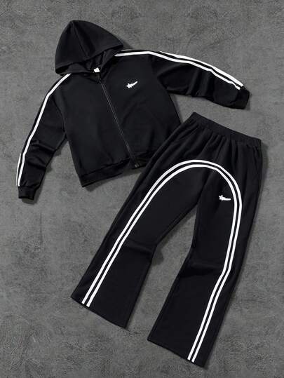 Teen Boys Casual Printed Zip-Up Hoodie & Straight Leg Sweatpants Set With Zipper Hem Design, Suitable For Street Wear Fall Winter