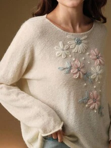 Anewsta 女士刺绣优雅套头衫 - 杏色 - 查看 2