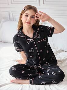 SHEIN 女童褶饰心形印花开衫睡衣套装 - 黑色 - 查看 5