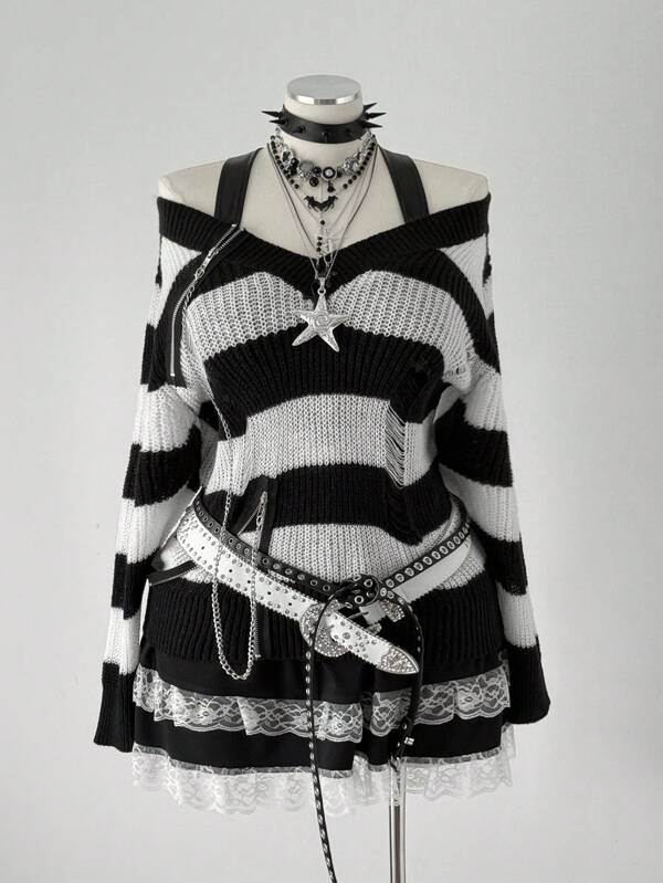 Sweetra Black & White Striped Pullover Sweater, Zipper Decor, Dark Style For Women Fall Winter Cloth For Women Autumn