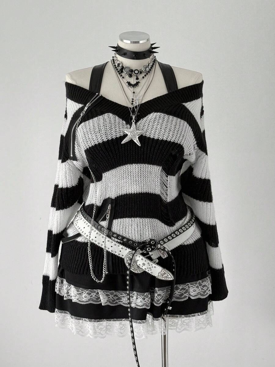 Sweetra Black & White Striped Pullover Sweater, Zipper Decor, Dark Style For Women Fall Winter Cloth For Women Autumn - Black and White - View 1