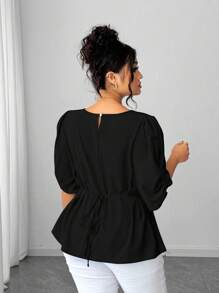 Elenzga Plus Size Women's Elegant Woven Short Sleeve Blue Beaded Decor Fitted Blouse - Black - View 7