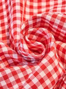 SHEIN Casuvi Kids Girls Plaid Front Button Short Sleeve Casual Shirt, Lantern Sleeve, Bowknot Pleated Waist, A-Line, Slim Fit, Suitable For Commuting And Vacation, Summer - Red - View 4