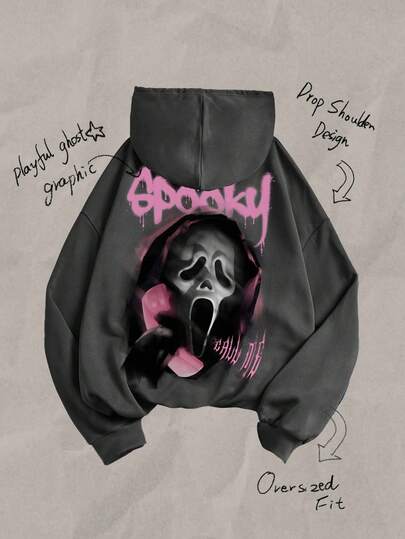 SHEIN Sudadera holgada de manga larga con estampado de cara de calabaza de Halloween, color gris oscuro, informal y cómoda para niñas preadolescentes, adecuada para otoño/invierno