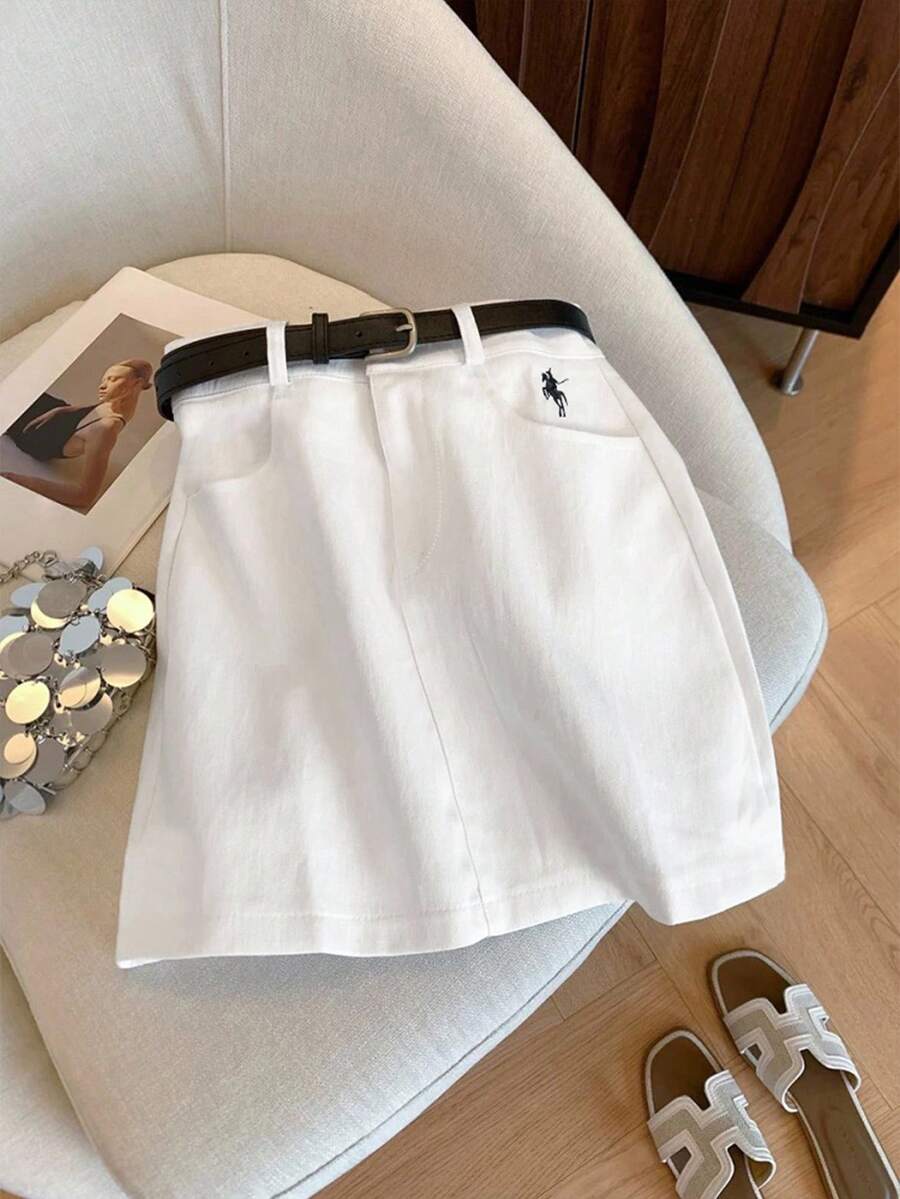 女式夏季休闲百搭刺绣细节A字裙 - 白色 - 查看 1