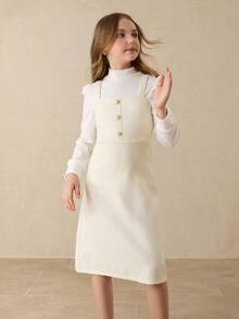 Tween Girl Elegant White Long Puff Sleeve Textured T-Shirt&Pearl Button Bodycon Dress Set,Back-To-School Autumn School Christmas Graduation Formal - Apricot - View 5