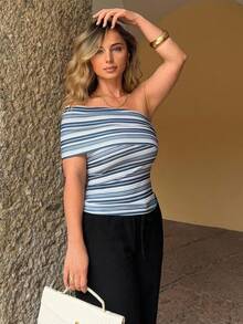 Jeta Ari 女士夏季假期不对称领单肩褶皱修身条纹无袖上衣 - 藍色 - 查看 5