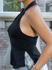 Melissa Matos Women's Bow Tie Hollow Out Halter Neck Sleeveless Top, Open Slit Casual Vest - Black - View 4