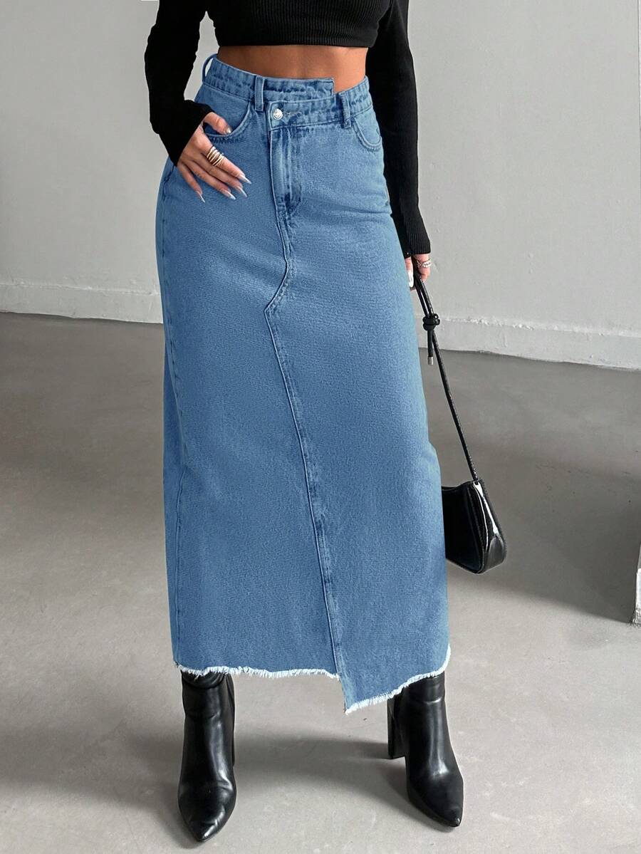 EURMUSE Women's Solid Color Casual Denim Mini Skirt - Medium Wash - View 1