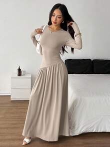 SHEIN PETITE Váy dài tay viền bèo nhún thanh lịch cho mùa xuân và mùa thu - Cà phê - Xem 6