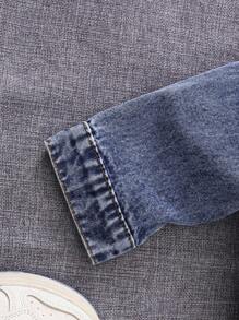 SHEIN 少女 Y2K 街头平口袋短款牛仔夹克，女孩时尚秋冬单品 - 中等水洗藍 - 查看 3