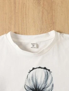 SHEIN 2 件套少女白色针织蝴蝶印花 T 恤和蓝色腰带蝴蝶结工装裤，适合居家、休闲、度假、午餐、音乐节、春夏季 - 藍色 - 查看 6