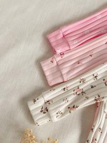 SHEIN 6pcs/Set Baby Girls Round Neck Long Sleeve Ribbed Ditsy Floral T-Shirt With Elastic Waist Pants, Comfortable, Fashionable, Versatile, Korean Style Casual Outfit, Suitable For Layering Or Outerwear, New Autumn Collection Fall Winter