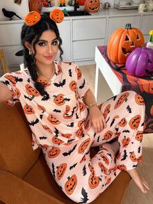 SHEIN Pink Summer Halloween Pajamas Women Plus Size Pumpkin And Bat Nighty,Comfy Fall Orange PJs Set For Festive Look - Multicolor - View 5