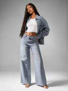 MISSGUIDED Studded Wide Leg Statement Jeans Festival Embellished Distressed Vintage Y2K Style Rhinestone Denim Pants Dance Party Occasion - Baby Blue - View 3