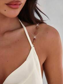 Aloruh 女士性感优雅低胸露背串珠链条装饰修身连衣裙 - 杏色 - 查看 4