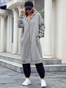 SHEIN Unity Drop Shoulder Hidden Pocket Zipper Longline Hoodie,Ladies Late Fall Casual Pocket,Zipper Long Sleeve Hooded Oversized Long Grey Drop Shoulder Zip Up Women Hoodies,Long Sleeve Tops Graduation,Back To School Outfits,Graduation,Teacher Outfits For Women,Back To School Pullover - Grey - View 3